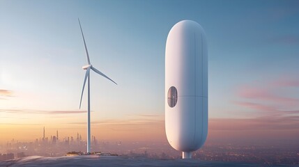 Aufkleber - Innovative architectural design featuring a towering skyscraper that doubles as a massive wind turbine with spinning blades seamlessly integrated into the building s structure to harness clean