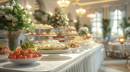 Poster - A professional, elegant catering setup with a large buffet table featuring gourmet dishes, beautifully arranged in a luxurious event space. decorated with fresh flowers and stylish tableware.