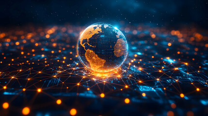 Poster - Glowing globe surrounded by a network of bright connections, representing global communication and connectivity.