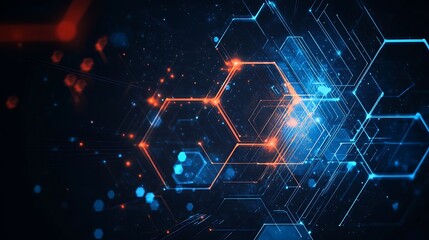Aufkleber - Abstract digital network background with hexagonal shapes in blue and orange.