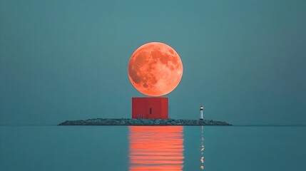 Aufkleber - Majestic full moon rising over a serene ocean landscape with a solitary lighthouse silhouetted in the distance reflecting on the tranquil waters  A peaceful atmospheric coastal scene at dusk