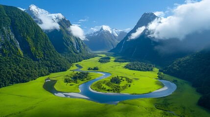 Aufkleber - Majestic rugged mountain range stretching across the horizon with a tranquil river winding its way through the lush verdant valley below