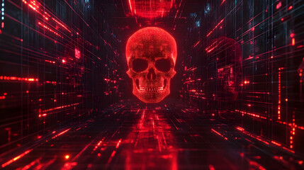Poster - Futuristic digital skull in a red glowing network, symbolizing advanced technology and virtual reality.