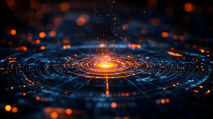 Poster - Abstract digital background featuring glowing circular patterns and vibrant particles in blue and orange tones.