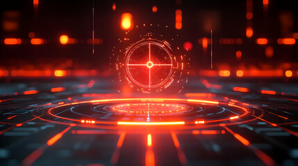 Poster - Futuristic digital interface with holographic elements and glowing red accents on a dark background.