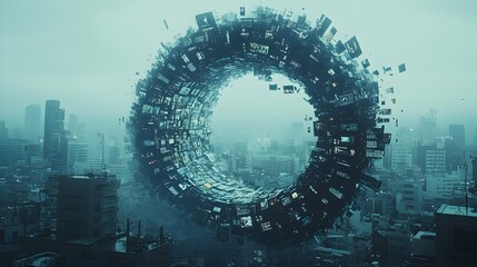 Poster - Mesmerizing digital wave made of text and image fragments sweeps across a dynamic cityscape creating a captivating visual display of overlapping and intertwining elements