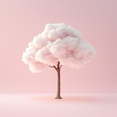 tree with cloud on pink background.Minimal creative environment concept.Copy space,flat lay