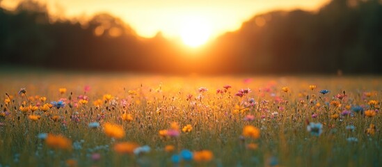 Sticker - A field of wildflowers bathed in the warm glow of sunset.