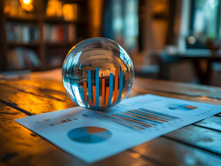 Poster - Glass sphere reflecting business analytics on a wooden table, creating an artistic perspective of data visualization.