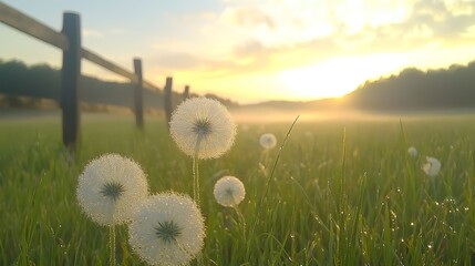 Aufkleber - Misty morning landscape with spider webs glistening with dew creating a captivating and serene natural scene  The delicate intricate webs are suspended in the hazy atmospheric environment