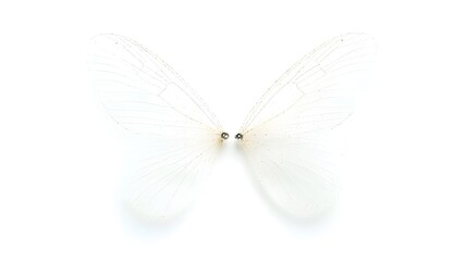 Fototapete - Pair of semi translucent fairy wings with glittering shimmering edges set against a pristine white background creating an ethereal fantastical and whimsical visual display