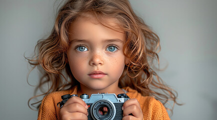 Sticker - Portrait of a child with a curious expression, holding a toy camera.