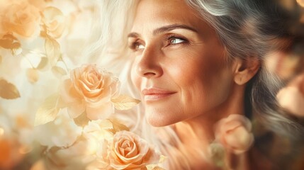 Wall Mural - Radiant Mature Woman with Glowing Skin Amidst Roses