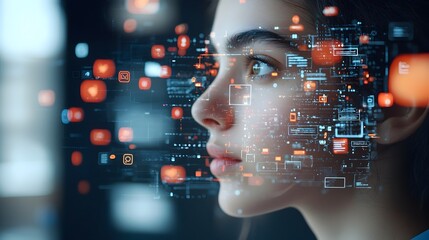 Fototapete - Portrait of a person s face illuminated by multiple colorful digital notifications symbolizing the impact and prominence of online connections and technology in modern life