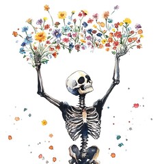 Wall Mural - Watercolor Illustration of a Skeleton Holding a Bouquet of Flowers.