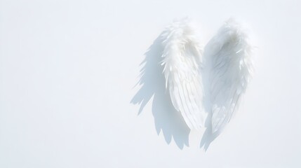 Poster - Soft fluffy white angel wings set against a clean bright white backdrop creating delicate shadows and a serene ethereal atmosphere  The wings are gracefully angled