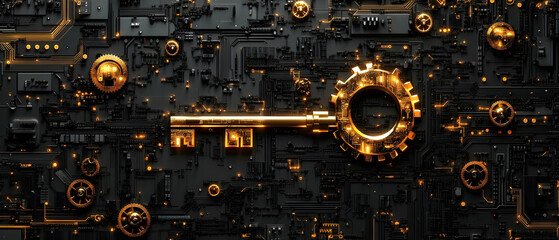 Poster - Metallic key design on a dark, intricate circuit background, symbolizing innovation and security.