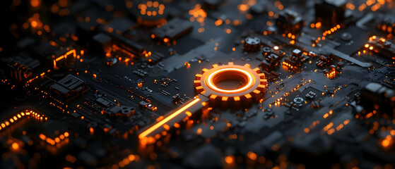 Poster - Close-up view of a technologically advanced circuit board illuminated by orange lights, showcasing intricate designs and components.