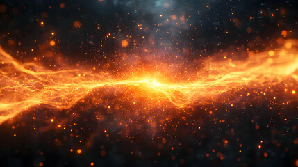 Poster - Vibrant orange energy burst with sparkling particles on a dark background, conveying power and dynamism.