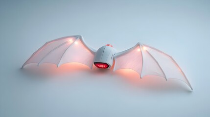 Poster - Striking digital rendering of a pair of futuristic LED powered bat wings laid flat against a bright white surface with a slight glow and reflection creating an ethereal otherworldly appearance