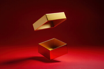 Wall Mural - Elegant golden gift box is floating on a red background with its lid open
