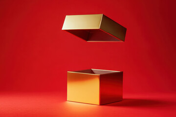 Wall Mural - golden gift box floating above an empty one on a red background