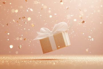 Wall Mural - golden gift box with a white ribbon is floating on a sparkling background with falling confetti