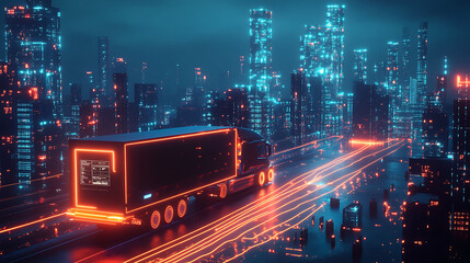 Wall Mural - Futuristic semi-truck driving on a glowing highway in a neon city at night.