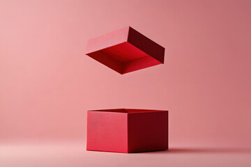 Wall Mural - Red gift box with its lid floating above it, casting a subtle shadow on the pink background