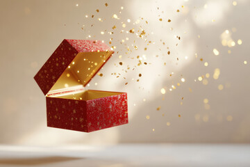 Wall Mural - opened red gift box with gold snowflake patterns is floating and releasing golden confetti