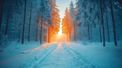 Aufkleber - Sunlight filters through the snow covered trees illuminating a tranquil forest trail winding through the serene untouched wilderness  This captivating landscape invites and a sense of wonder