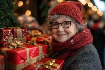 senior woman in red scarf and beanie shopping for christmas gifts in a festive store decorated with 