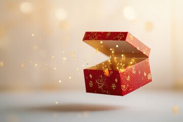 Wall Mural - opened red gift box floating with golden light pouring out of it and a warm background