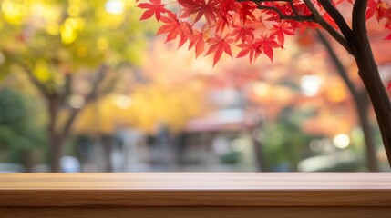 Poster - Empty Wood Table with Blurred Autumn Leaves Background