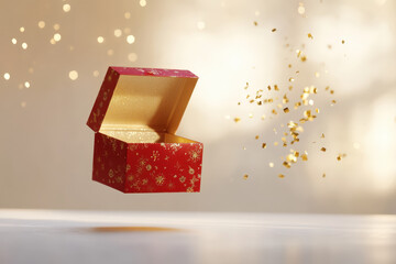 Wall Mural - red open gift box floating with gold confetti on a light background with bokeh