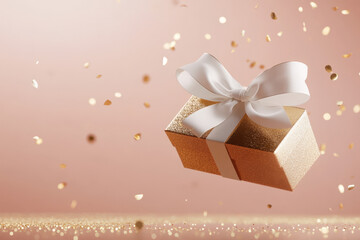 Wall Mural - golden gift box with a white satin bow is floating on a pink background with falling confetti