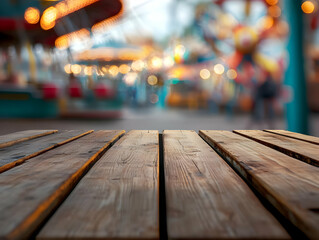 Close-up of weathered wooden planks with a blurred carnival background, evoking nostalgia and fun.