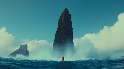 Poster - Towering cliffside overlooking a rough turbulent ocean with powerful waves crashing against the rugged weathered rocks below  Dramatic moody seascape with stunning natural scenery