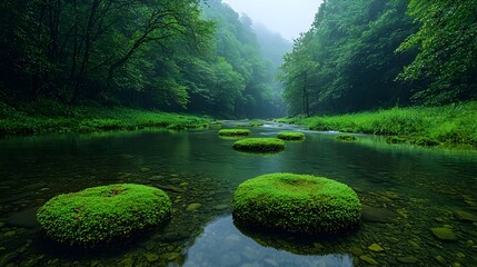 Aufkleber - Tranquil forest stream flowing peacefully over smooth mossy rocks under a lush canopy of verdant trees  Serene and calming natural landscape with soothing sounds of flowing water
