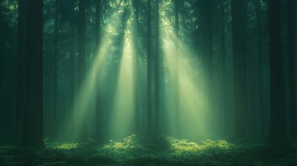 Aufkleber - Tranquil Misty Pine Forest with Sunlight Beams Filtering Through the Lush Greenery and Towering Trees
