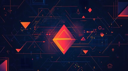 Wall Mural - Abstract geometric shapes with red and orange colors on a blue background.