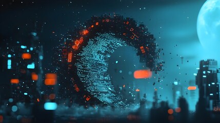 Aufkleber - Visually striking digital artwork depicting a wave like motion of fragmented text and image elements cascading over an abstract cityscape creating a captivating and futuristic visual experience