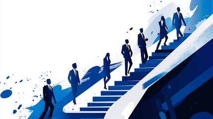 illustration with businessmen on a career ladder symbolizing growth and goal achievement on blue and white presentation background