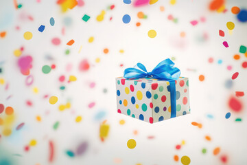 Wall Mural - Colorful gift box with blue ribbon floating with falling confetti on white background