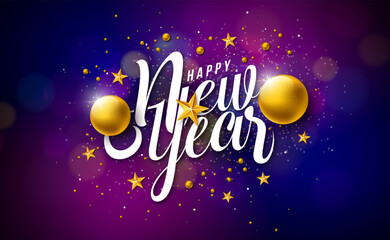 happy new year 2025 illustration with white typography lettering and golden christmas ball on dark b