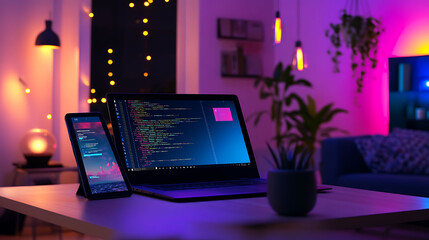 Aufkleber - A laptop and tablet displaying code on a white table in a modern living room with colorful lighting.