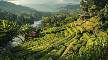 Poster - Hillside farm on the steep banks of the river.