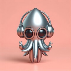 a cute and hip sliver shinny metallic futuristic squid character