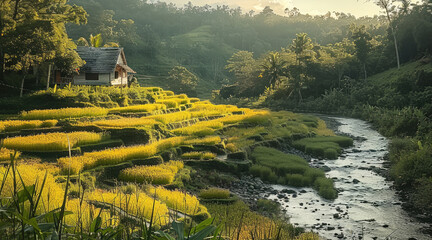 Poster - Hillside farm on the steep banks of the river.