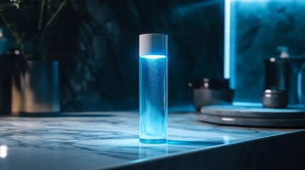 Aufkleber - A sleek water bottle stands tall on a polished marble countertop, softly glowing with blue light against a stylish modern kitchen backdrop, creating a tranquil ambiance in the evening.